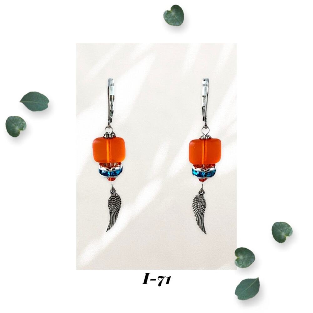 Flight of the Flames - Orange Fire and Red Czech Glass Beads - Feather Earrings